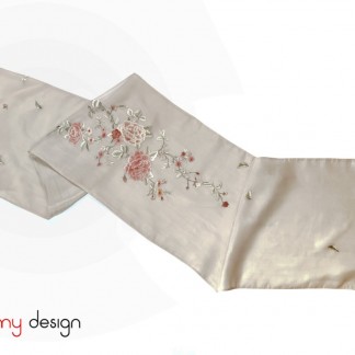 Pink organza silk scarf hand-embroidered with peony 40*200 cm